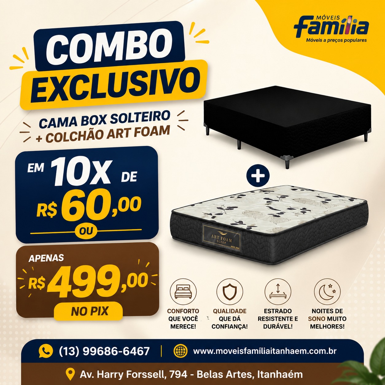 Cama Box Solteiro + Colchão Art Foam